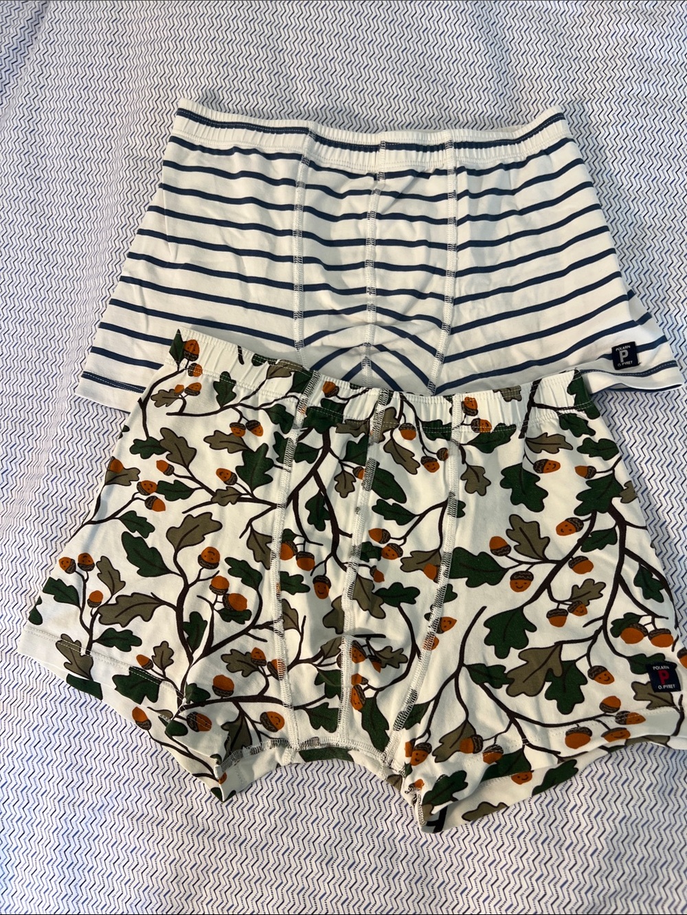 Polarn O. Pyret Boy’s Boxer Briefs White & Navy Striped & Oak Leaf Print. 10-12